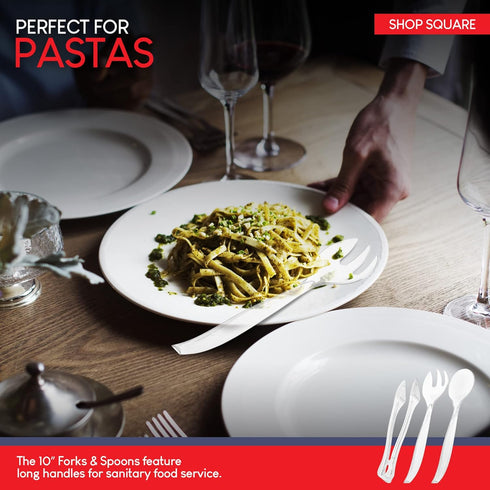 Disposable Plastic Serving Utensils, Set of 18 Clear Buffet Utensils, 6 Each of 6" Tongs, 10” Spoons, 10” Forks