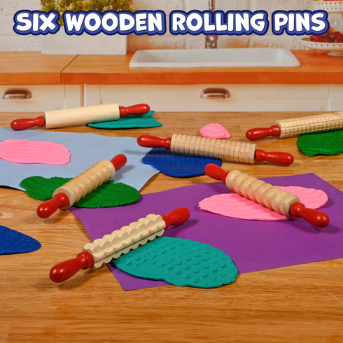 2 Set 6 7.25 inches READY LEARN Mini Textured Wooden Rolling Pins | of | | Turning Handles | Rollers for Kids' Dough