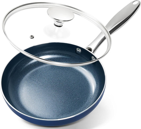 MICHELANGELO Small Frying Pan, 8 Inch Nonstick Frying Pan with Lid, Non-Toxic Omelette Pan with Stainless Handle,