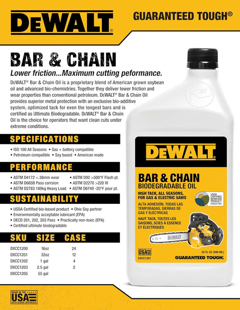 (16 oz 2)) DEWALT Biodegradable Bar & Chain Oil Green, Eco-Friendly, Non-Toxic Professional Bar & Chainsaw Lubricant