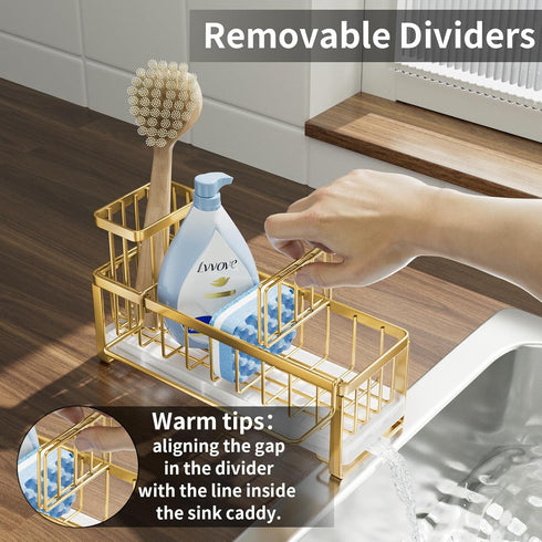 SWTYMIKI Sponge Holder for Kitchen Sink, Self-draining Caddy Organizer with Divider for Countertop (Gold)