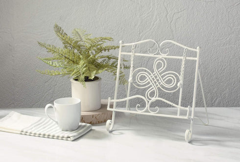 Tripar Swirl Design White Metal Cookbook Stand for iPads, Tablets, and Cookbooks - Adjustable and Portable