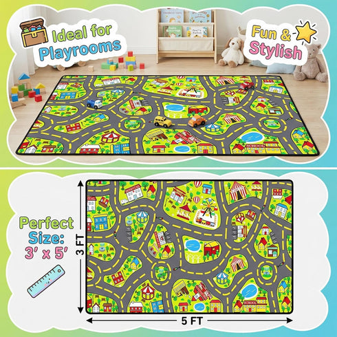 3x5 Car Rug Play Mat Feet, Car Road Rug for Kids City Road Map Carpet Educational Learning Play Carpet Kids Play Rugs