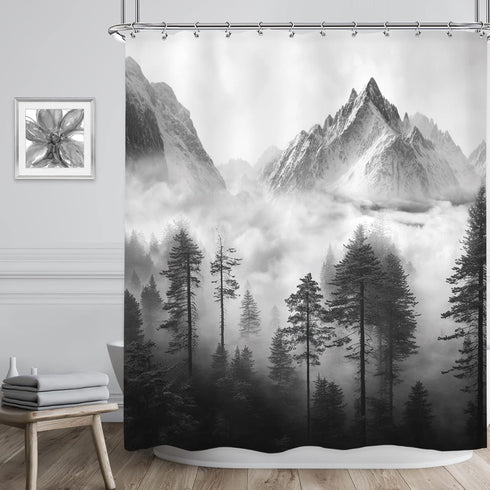Riyidecor Misty Shower Curtain 72Wx72H Inch Foggy Snow Mountain Scenery National Park Smokey Tree Woodland Landscape Black Gray for Men Bathroom Decor Fabric Polyester Waterproof 12 Pack Hooks by Riyidecor