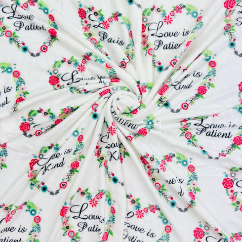 50" 60" Spring Wedding Fleece Throw Blanket: Love is Kind Patient Pink White Red Design Floral Hearts, x Velvety Soft