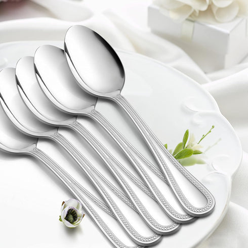 E-far 12-Piece Dinner Spoons Set, 7.9 Inch Stainless Steel Silverware with Pearled Edge, Mirror Polished & Dishwasher