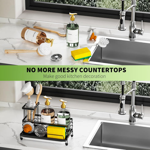 Cisily Kitchen Sink Caddy Organizer, Rustproof Non-Slip Soap Dish Dispenser Brush, Matte Black