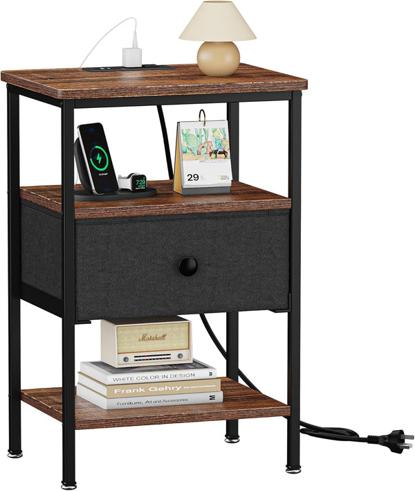 VECELO Nightstand with Charging Station,Bedside Table with Storage Shelf&Fabric Drawer,End Tables for