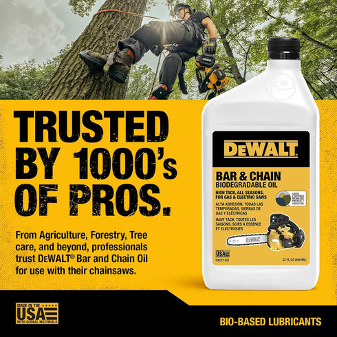 32 oz DEWALT Biodegradable Bar & Chain Oil Green, Eco-Friendly, Non-Toxic Professional Bar & Chainsaw Lubricant