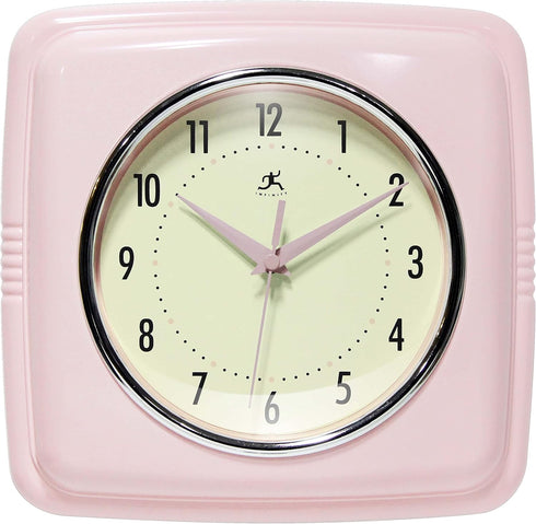 Infinity Instruments Square Silent Retro Wall Clock, 9 inch Mid Century Modern Kitchen Diner Quartz Sweep Movement, Pink