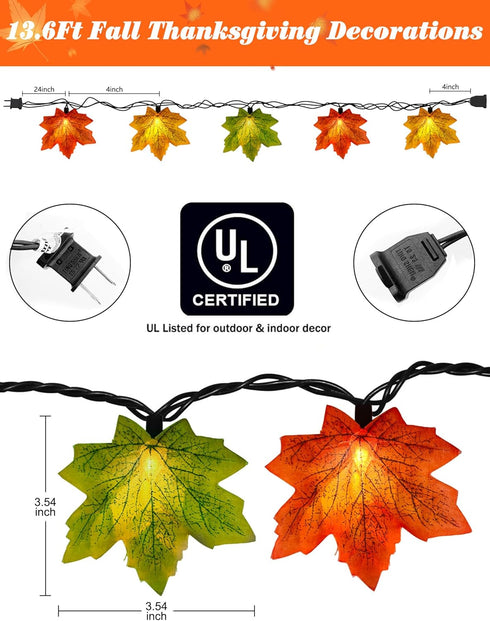 13.6FT 35 Bulbs Fall String Lights Maple Leaf Lights, Outdoor String Lights Plug in with Multicolor Maple Leaf