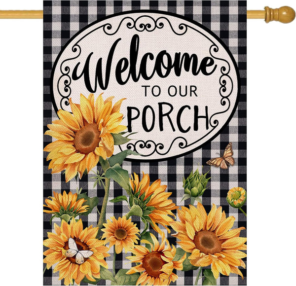 Welcome to Our Porch Spring Summer Sunflower House Flag, Black White Buffalo Plaid Check Yard Decoration, 28 x 40