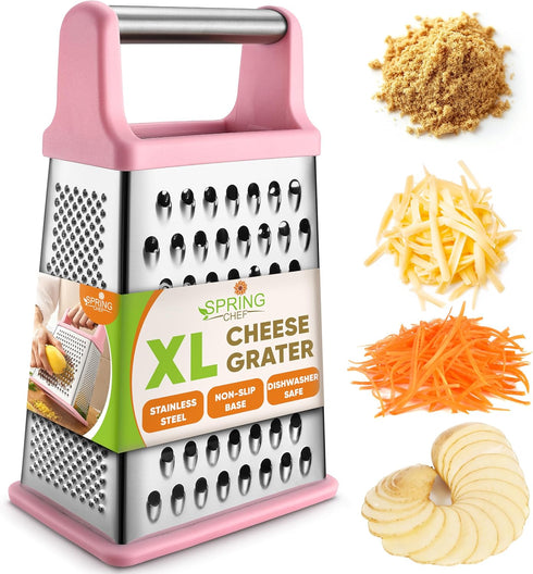 Spring Chef Professional XL Parmesan Cheese Grater with Handle, 4 Sided Box Grater for Kitchen (Pink Lemonade)