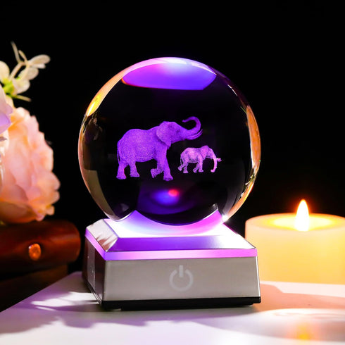 3D Elephant Crystal Ball Figurines Gifts with LED Base - Elephant Gifts for Women Mom on Christmas Birthday Mother Day