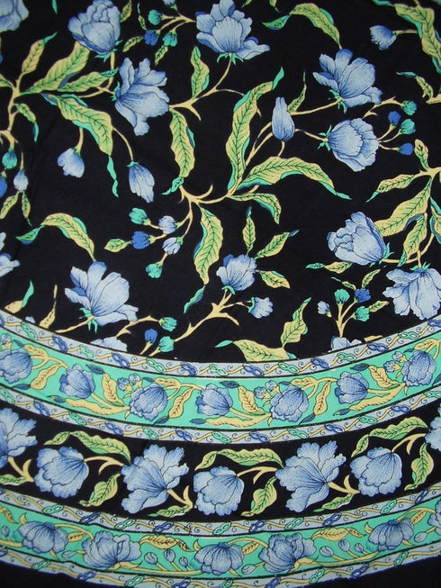 India Arts French Floral Round Cotton Tablecloth, 70" Blue on Black