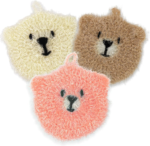 Crochet Scrubbies Collection Dish Wash Cloth, Double Layered Korean Susemi No Odor Dish Sponge (Teddy Bear 3PCS)