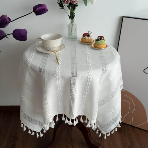 Gernaice 36x36 Inch Rustic Stripe Embroidered Tablecloth Heavy Small Square Tassel Cotton Linen Table Cloth Wrinkle