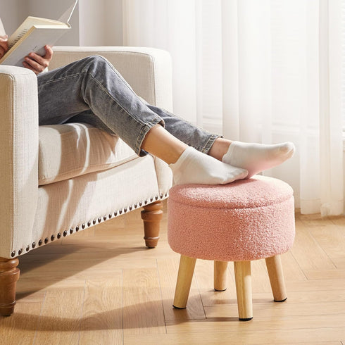 13 Inch WBD006P IBUYKE Foot Stool Ottoman with Storage, Round Small Foot Rest with Padded Seat and Wood Legs, Teddy