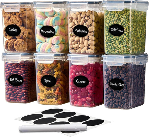 DWËLLZA KITCHEN Airtight Food Storage Container Set, 8 Pieces, 1.4L, BPA Free, Dishwasher Safe, Includes 8 Labels