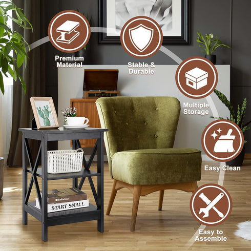 3-Tier SUPER DEAL Side Table, End Table with Shelves, Versatile X-Design Wood Sofa Table for Living Room Bedroom