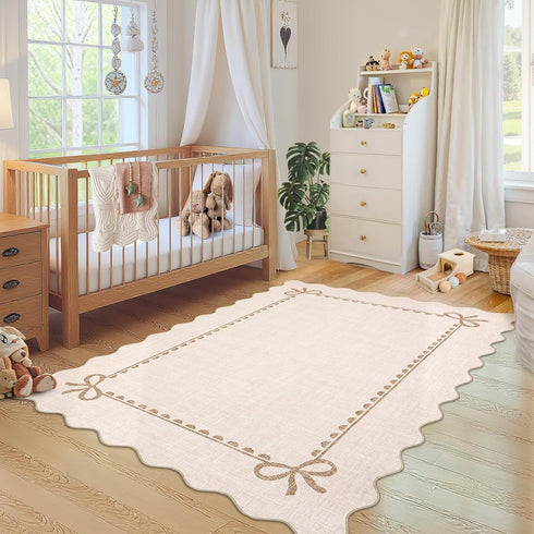 5x7 GarveeHome Scalloped Bow Rug for Living Room, Solid Beige Rug for Dorm, Washable Rugs Soft Low Pile Non Slip