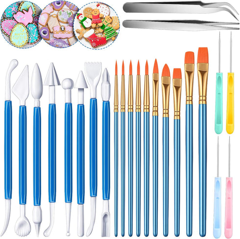 24 Pieces Cake Decorating Tool Set - Cookie Decorating Fondant Tools, Brushes, Sugar Stir Needle, Tweezer (Blue)