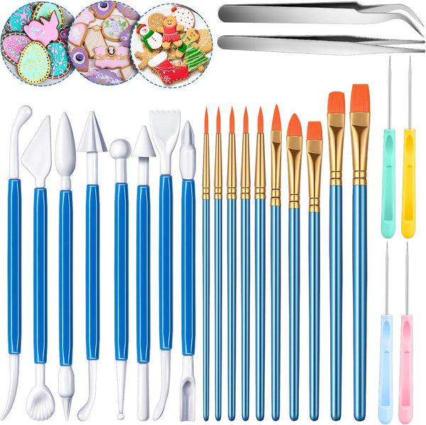 24 Pieces Cake Decorating Tool Set - Cookie Decorating Fondant Tools, Brushes, Sugar Stir Needle, Tweezer (Blue)