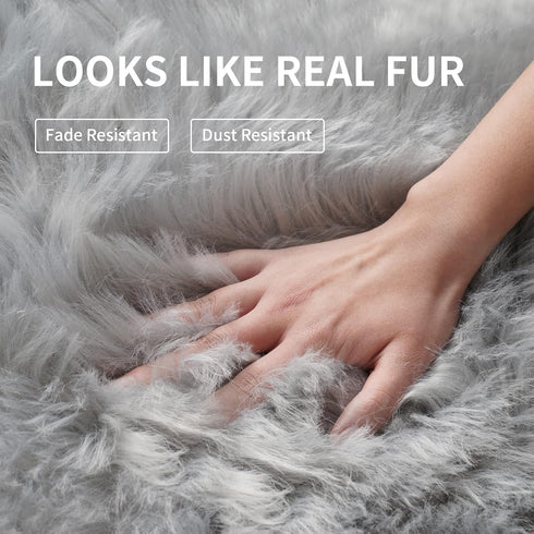 Grey Faux Fur Rug - Fluffy Round Rug for Bedroom, Kids Room, 3X3 Soft Gray Shag Circular Carpet for Nursery