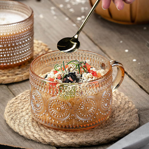 Gezzeny 14 Oz Set 2 Vintage Coffee Mugs of Amber Embossed Glass Tea Cups for Cappccino, Latte,Cereal, Yogurt, Beverage