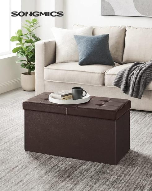 SONGMICS Folding Storage Ottoman Bench 30 Inches, Faux Leather, Brown, Footstool with Flipping Lid, ULSF45BR