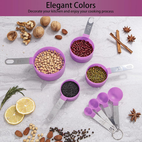 Huygens Measuring Cups and Spoons Set, 10 Pieces Stackable Stainless Steel Handle for Dry and Liquid Ingredients (Mauve)