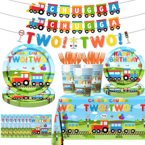Gupesxu Chugga Chugga Two Two Party Decorations,142Pcs Train 2nd Birthday Tableware Plates,Napkins,Cups Train