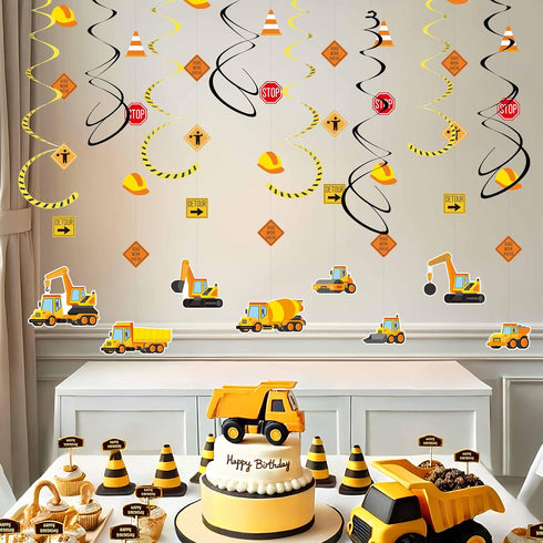 16Pcs Set Construction Theme Party Hanging Decorations Swirl with Trucks, Traffic Cone & Safety Symbols | Party