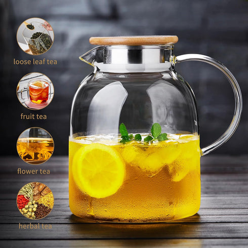 Large Glass Teapot 68 fl oz with Infuser, Stovetop Safe, Thickened Borosilicate Glass, Bamboo Lid