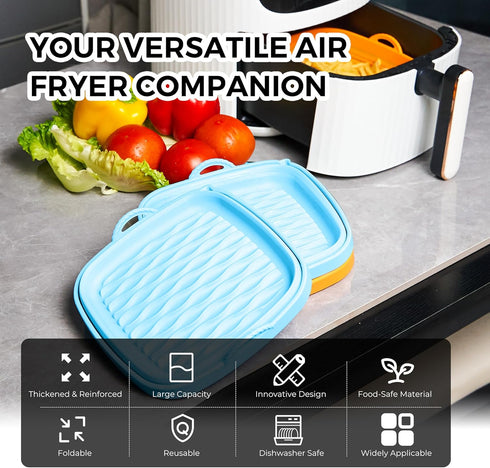 Foldable Air Fryer Silicone Liners 2 Pcs, Reusable Silicone Air Fryer Basket Liners, Upgraded Thicker Design, Large Capacity, Dishwasher Safe