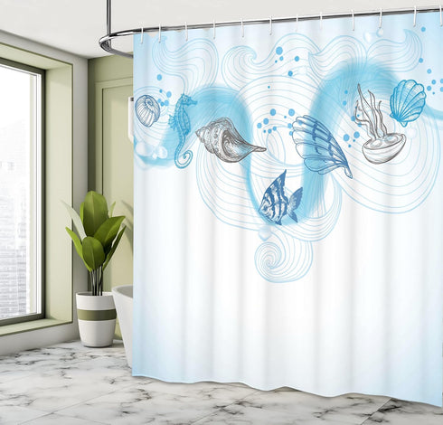 Ambesonne Nautical Shower Curtain - Marine Theme Seashells, Ocean Waves, Fishes, Seahorse, 69" W x 70" L, Grey Blue