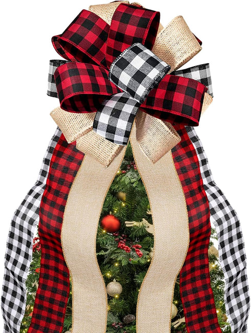 Christmas Tree Topper, Large Buffalo Plaid Burlap Red and Black Gift Bow for Handmade Holiday Party Decorations