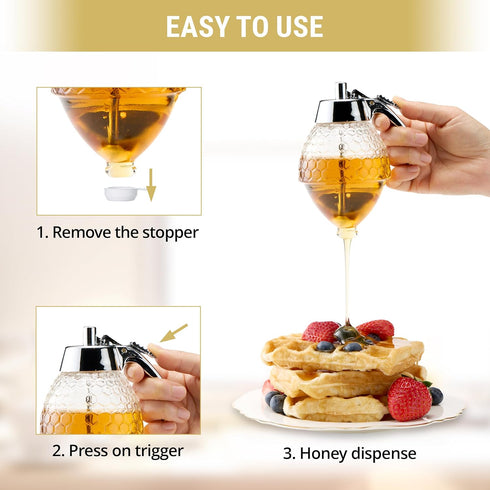 Glass Honey Dispenser Jar with Sleek Silver Lid, Premium Stainless Steel Design
