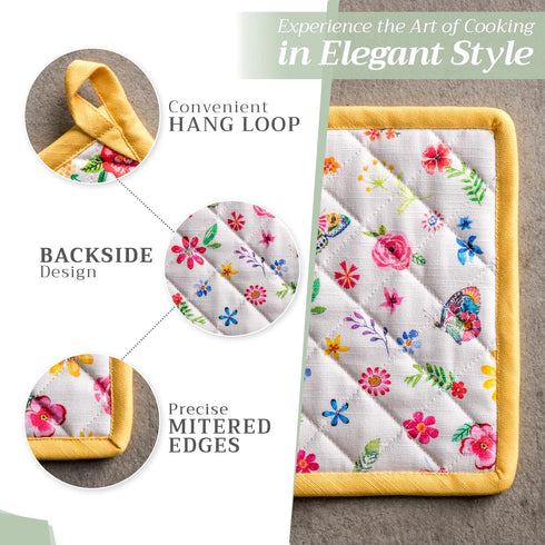 Maison d' Hermine 100% Cotton Oven Mitt & Pot Holder Set, Heat Resistant BBQ Cooking Gloves, Happy Florals