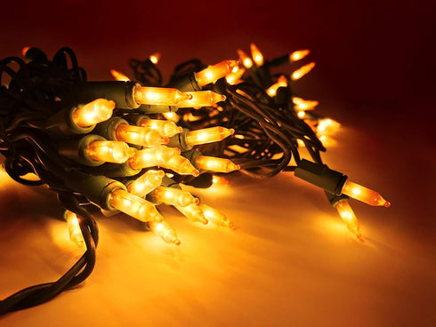 100 18 20 Gold Frost Christmas Lights on a Green Wire String, UL Approved, Indoor and Outdoor Use, Foot of Lighted