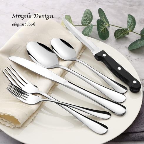 E-far 24-Piece Silverware Set with Steak Knives, Stainless Steel Flatware Cutlery for 4, Spoons, Forks, Knives, Simple