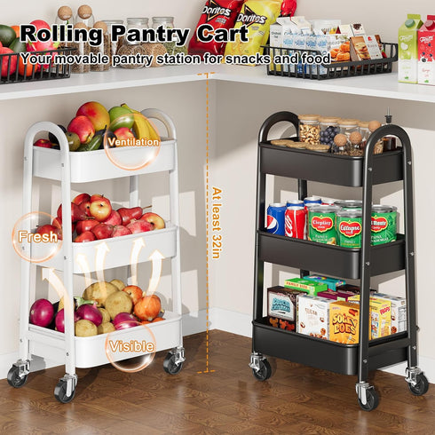 Rcemlip 3 Tier Rolling Cart with Wheels for Pantry Organizers and Storage, Metal Utility Kitchen Cart for Fruit