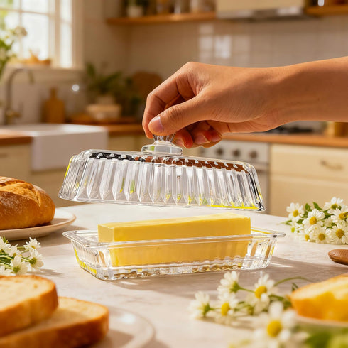 Countertop Clear Glass Butter Dish with Lid, Covered Crystal Butter Holder Container for & Fridge