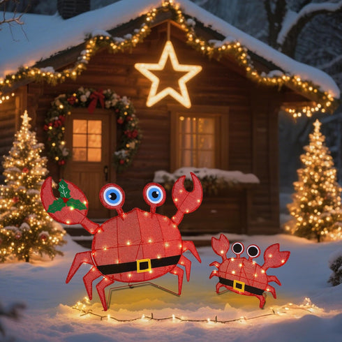Set 2 2D Prsildan Outdoor Christmas Decorations - of LED Lighted Crab Yard Decor, Battery Operated Holiday Lawn Figures