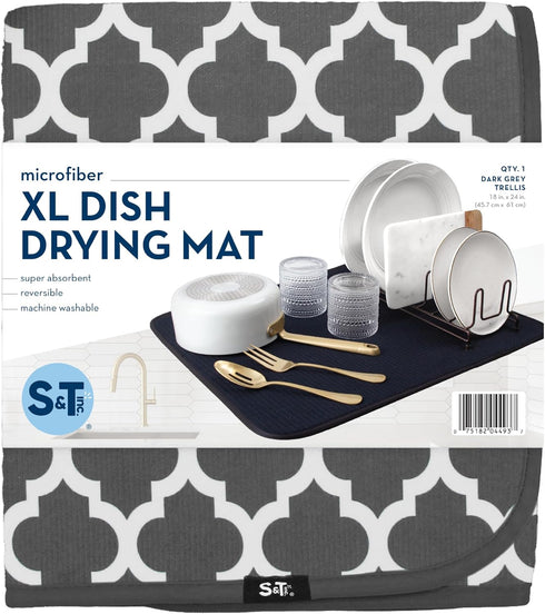 S&T INC. XL Dish Drying Mat 18” x 24” Absorbent Microfiber Kitchen Counter Pad in Pewter Grey Trellis