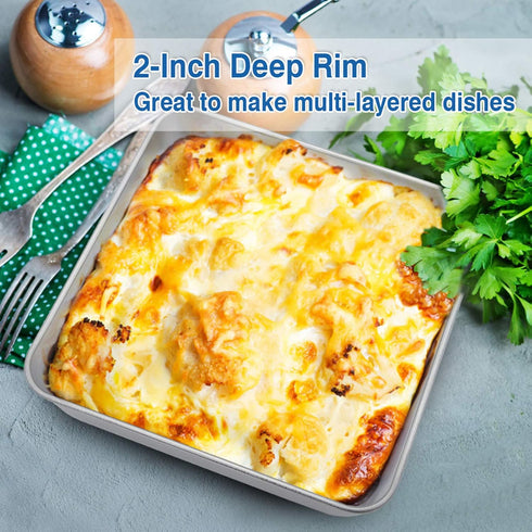 P&P CHEF 8 Inch Square Baking Cake Pan, 2 Pcs Stainless Steel Bakeware for Birthday Cake, Lasagna, Brownie