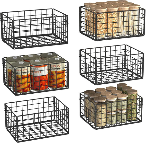X-cosrack Foldable Metal Wire Basket, 6 Pack Pantry Organizer with Handles, 12"x9"X6", Food Storage Bins for Kitchen,