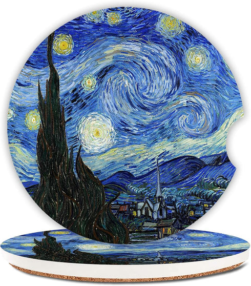 Ceramic Car Coasters for Women/Men, Absorbent Drink Cup Holders with Finger Notch, Pack of 2, Starry Night