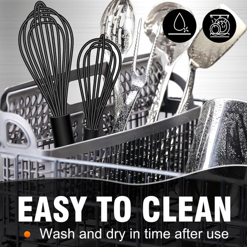 Walfos Silicone Whisk, 7+9in Mini Whisks for Non-Scratch Cookware, Perfect for Whisking, Beating, Blending, Black