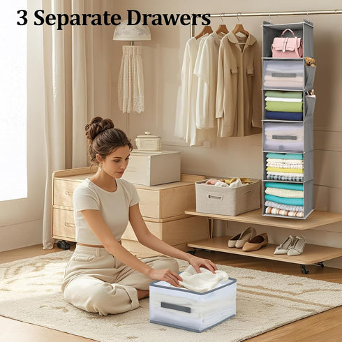 6-Tier Closet Closet Hanging Organizer with Drawers and Side Pockets Versatile Storage for Shoes, Hats, Belts